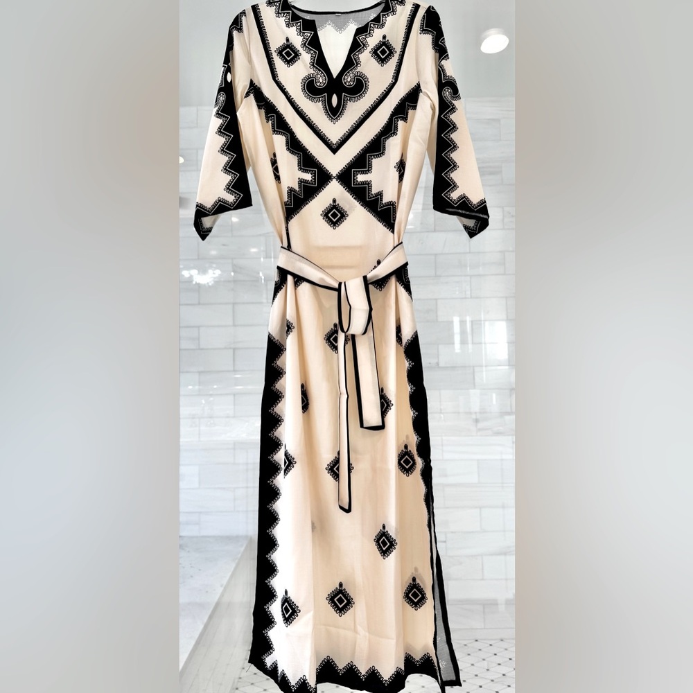Women's Cream and Black Belted Kaftan Dress NWOT